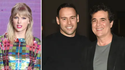 Getty Images Taylor Swift, Scooter Braun (centre) and Scott Borchetta
