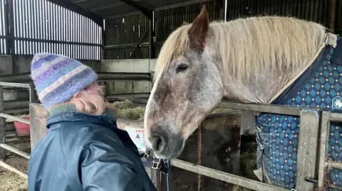 Cumbrian Heavy Horses riding centre owner Annie Rose standing in the yard of the riding centre. One of the horses, a large breed horse is looking over a stable railing. The two are standing face-to-face, looking at each other.