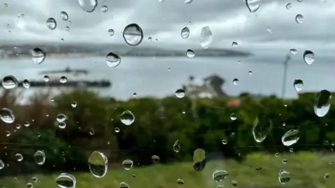 Rain drops on a window pane with some hedges and Douglas Bay on the other side of the window.