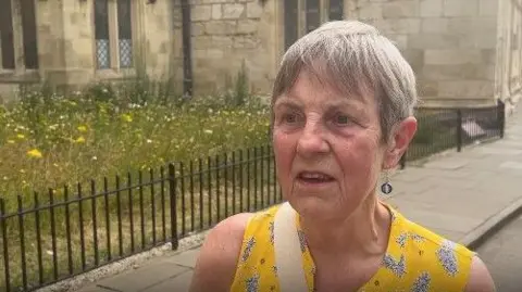 A woman with grey hair, a yellow dress and a dangly earring talking in front of black railings, leaded windows and wildflowers in York