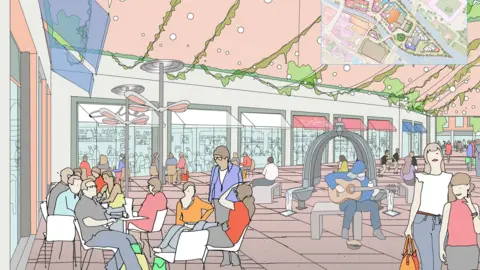 Dominus/LDRS An artists impression of people sitting at a cafe in the foreground of a busy, developed new city centre