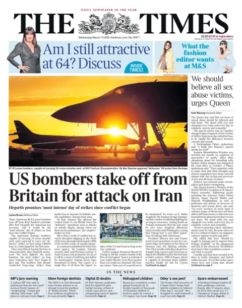 "US bombers take off from Britain for attack on Iran," reads the headline on the front page of the Times.
