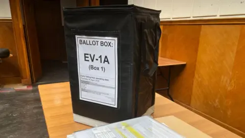 Mousumi Bakshi/BBC A black ballot box covered with a white label on it. The box is on a wooden table, with a pile of paperwork next to it. 