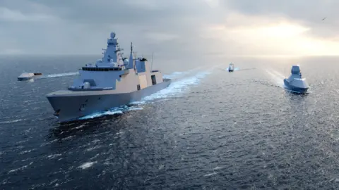A concept image of a large traditional looking warship surrounded by smaller drone ships
