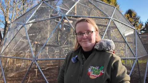 Hoo Zoo A woman with shoulder length light brown hair and black glasses is standing in front of a large silver metal aviary shaped like a hexagon. On her shoulder is a grey African grey parrot, who is biting her fleece. Her fleece is dark green and has the hoo zoo and dinosaur world logo on it
