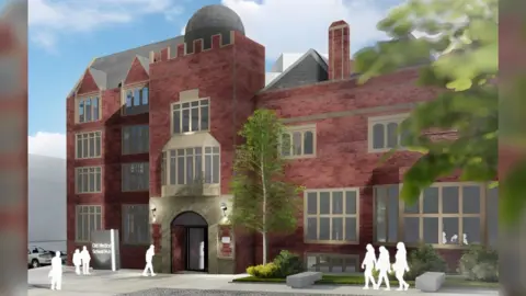 An artist's impression of the re-development of the Leeds Medical School.
It shows a four-storey red brick building with large windows, with a tree to the right of the main entrance. 