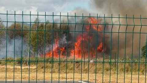 A fire burning in some long grass behind a green fence.