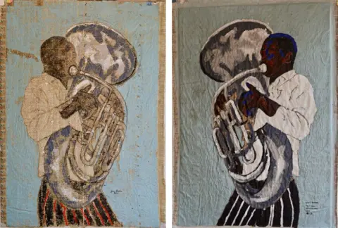 Stary Mwaba Medium: acrílico en periódicos perforados. Pinturas reflejadas de un hombre con una camisa blanca y pantalones pelados tocando una tuba. El fondo es azul claro.