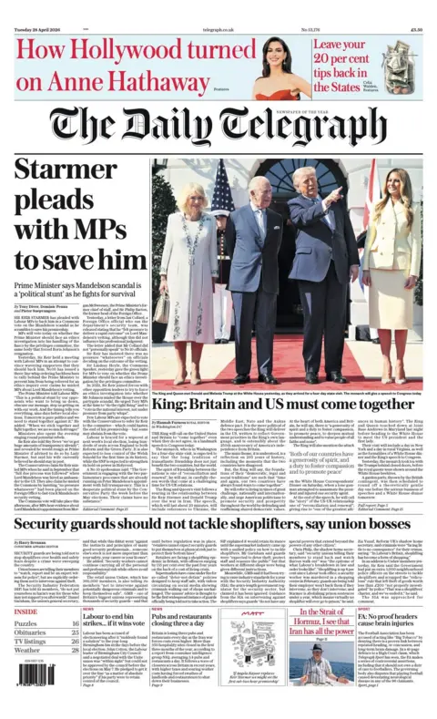 The headline on the front page of the Daily Telegraph reads: "Starmer pleads with MPs to save him."