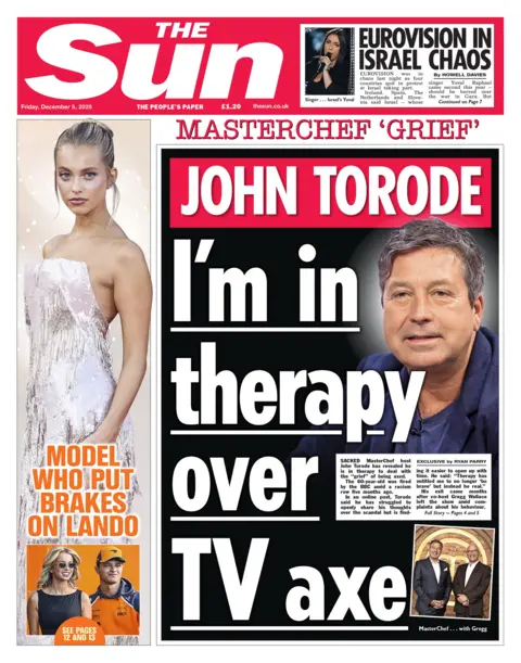 "I'm in therapy over TV axe" reads the headline on the front page of The Sun.