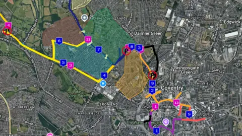 Run For All A map showing different coloured routes and numbered markers across Coventry.
