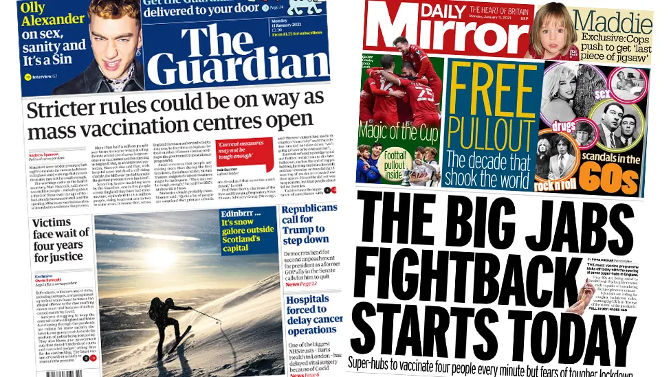 The Guardian and Daily Mirror front pages 11 January 2021