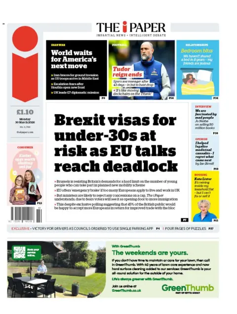 The headline on the front page of the i Paper reads: "Brexit visas for under-30s at risk as EU talks reach deadlock."