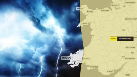 Getty Images/Met Office Thunder clouds next to map of Wales