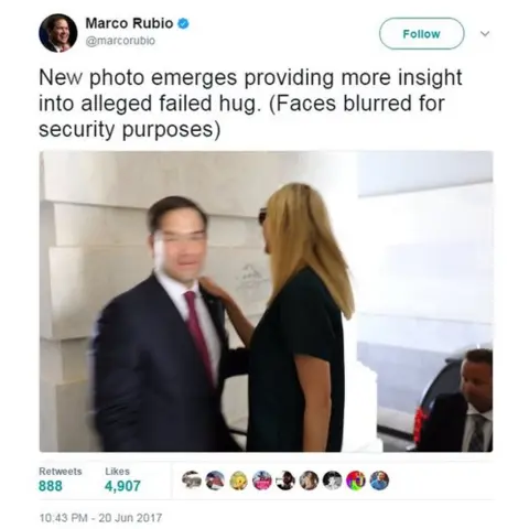 @marcorubio/Twitter New photo emerges providing more insight into alleged failed hug. (Faces blurred for security purposes)