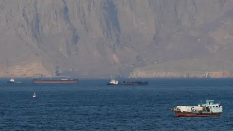 Ships and tankers sit in the water with high cliffs in the background