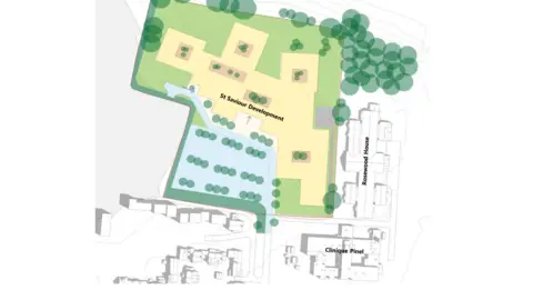 A site plan of the new St Saviour development. It shows the proposed facility in yellow with surrounding buildings in black and white.