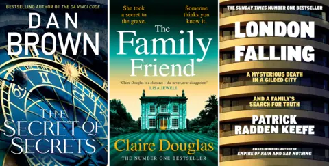 Copertă Penguin/Penguin/Picador pentru Secretul Secretelor de Dan Brown (Penguin) Prietenul Familiei de Claire Douglas (Penguin) Căderea Londrei de Patrick Radden Keefe (Picador)
