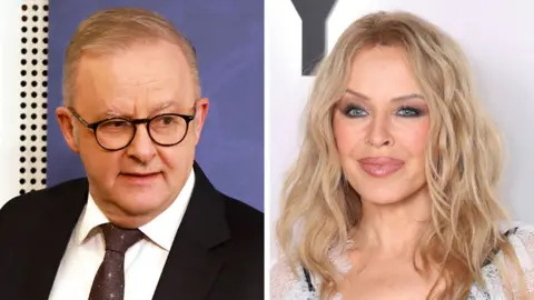 A composite image shows on the left a head and shoulders crop of an image of Albanese looking to the right of frame while wearing glasses and a suit, and on the right a head and shoulders crop of an image of Minogue looking at the camera against a white background.