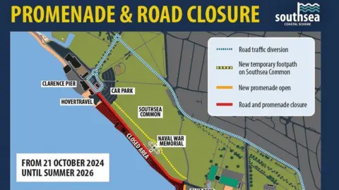 Southsea Coastal Scheme Graphic maps showing sea to left and closed area along the promenade with green common area behind