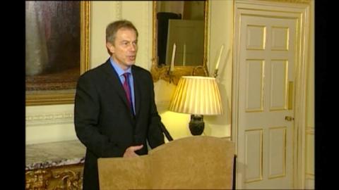Tony Blair speaks at a press conference at 10 Downing Street.