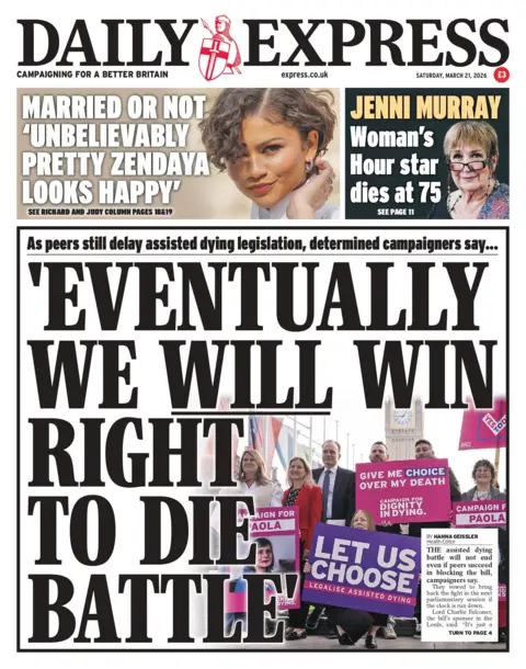 "Eventually we will win right to die battle," reads the headline on the front page of the Daily Express.