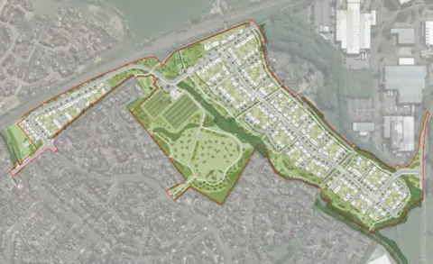 Redrow Homes Image shows a design for a 248-home development, with the new housing highlighted in a lighter green and the housing already present in a muted grey 