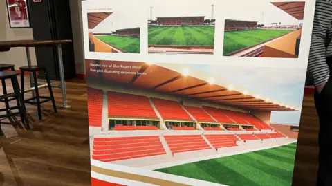 A large board showing proposed changes to one of the stands at Swindon Town's County Ground