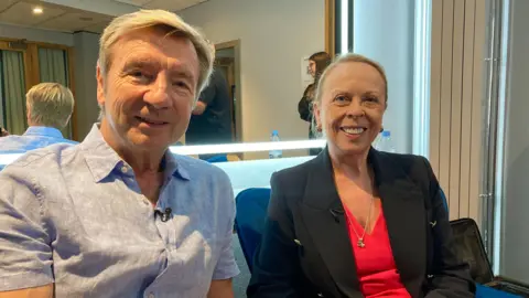 Christoper Dean and Jayne Torvill and smiling as they are pictured in their dressing room at the Nottingham arena.