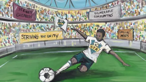 Julita Waleskiewicz A painting of a football player wearing a KFA shirt making a sliding tackle towards a football marked with the words "Racism," "Antisocial Behaviour," and "Inequality." The player is in a packed stadium with banners reading "Striving for Unity," "Street Children," "Vulnerable Communities," and "Special Needs."
