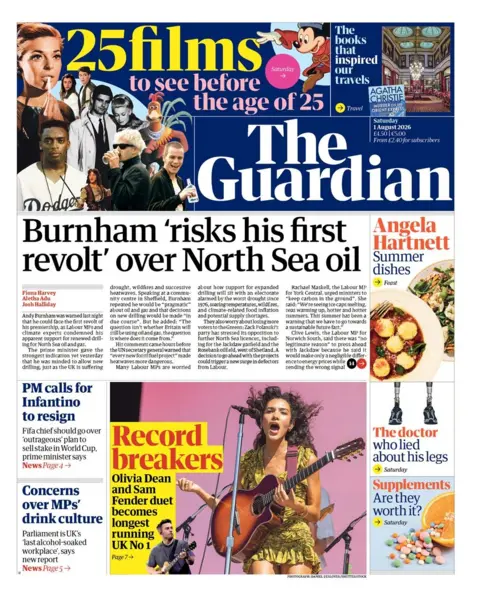 The headline on the front page of the Guardian reads: "Burnham 'risks his first revolt' over North Sea oil."