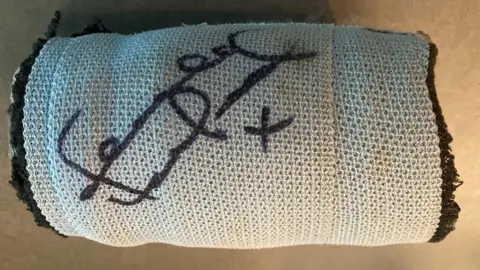 BBC/Jenna Benson A plaster cast with Frank Lampard's signature on it.