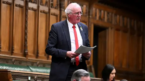 REUTERS Jim Shannon stands in parliament. He's holding a document. Other MPs sit around him. He wears glasses and has a navy suit on with a red tie and a white shirt.