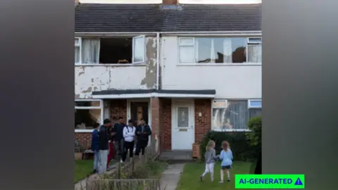 Darren Grimes/AI A screenshot of an AI-generated photo of terraced houses. On the left there is a dilapidated house with a group of Asian men standing outside. On the right there is a well-kept house with two white girls playing on the grass outdoors. 
