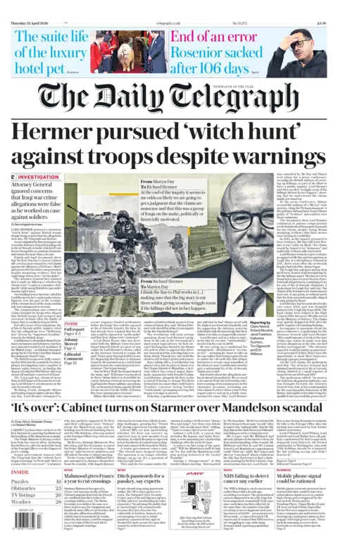 "Hermer pursued 'witch hunt' against troops despite warnings" reads the headline on the front page of the Daily Telegraph.
