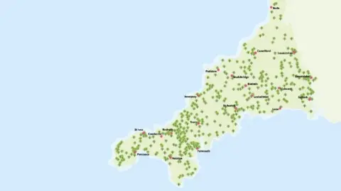 A picture of the map. It shows Cornwall covered with animated trees.