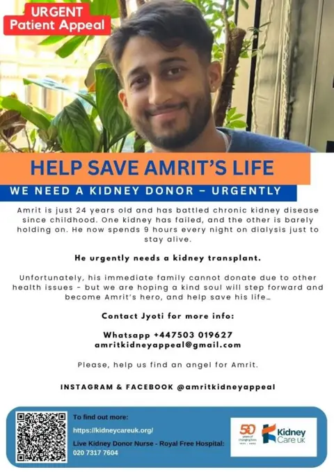 Kidney Care UK Poster for Amrit's kidney appeal. the poster states : "Help save Amrit's life. We need a kidney donor - urgently"