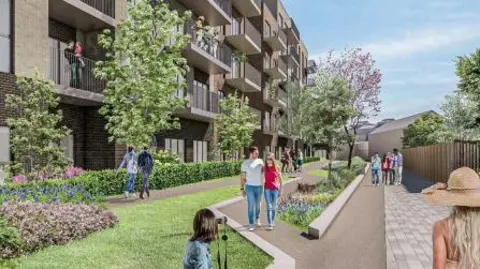 St William An artist's impression rendering of the redevelopment site, showing a pedestrian path and gardens next to some low-rise blocks of flats. There are trees, flowers and bushes, with groups of people walking around outside.