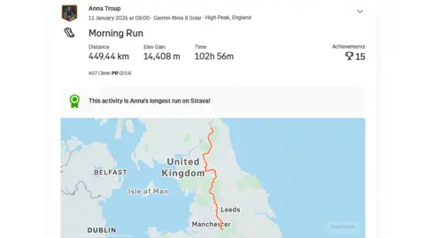 Anna Troup / Strava A screenshot of a Strava exercise entry which says "morning run" and a distance of 449.44km. There is a map of England detailing the Spin Race route.