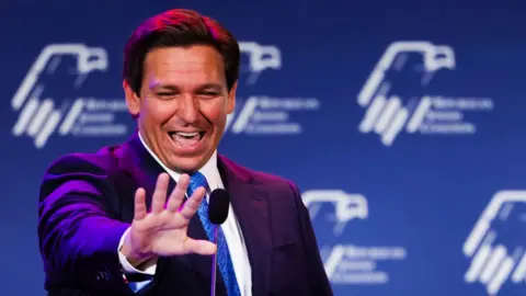 Getty Images Republican Florida Governor Ron DeSantis waves to supporters