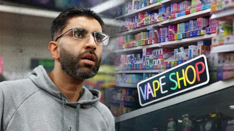 A composite image showing a man on the left, looking off camera, wearing a grey hoodie. He has glasses, dark eyes and a black beard. On the right of the frame is the interior of a vape shop, with colourful vapes lined up on the shelves. A colourful neon sign saying 'vape shop' is in the bottom right of the image.