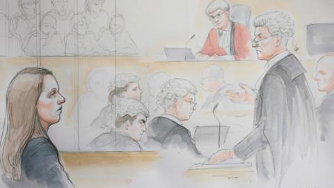 Courtroom sketch of judge and jury in Lucy Letby trial