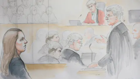 Helen Tipper Courtroom sketch of judge and jury in Lucy Letby trial