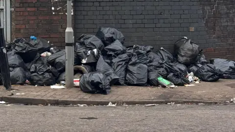 Una gran pila de bolsas de basura negras apiladas en la acera.