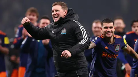 Eddie Howe celebrates after Newcastle United's win against Spurs at the Tottenham Hotspur Stadium on 10 February, 2026