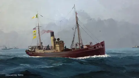 a painting of a dark red ship against a stormy sea and sky