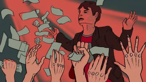 BBC Illustration of man throwing banknotes in a club