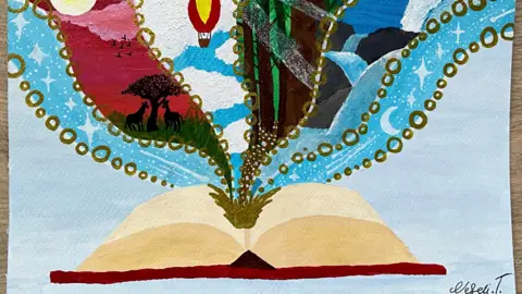 Paint What Matters A painting of a book that is open. From the pages different scenes are spilling out into the air - one with a jungle, another with a hot air balloon, rivers and a sunset with giraffes.