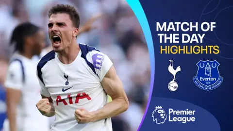 Tottenham Hotspur's Joao Palhinha celebrates scoring his team's first goal during the Premier League match against Everton at Tottenham Hotspur Stadium 