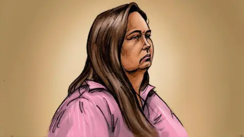A court sketch of Erin Patterson wearing a purple shirt